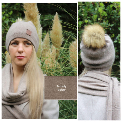 Cashmere Faux fur pom pom hat, Cashmere women winter double layer beanie, Gift for her