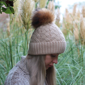 Women's cashmere fox fur pom pom hat, Knit women's warm winter cashmere hat, Gift for her