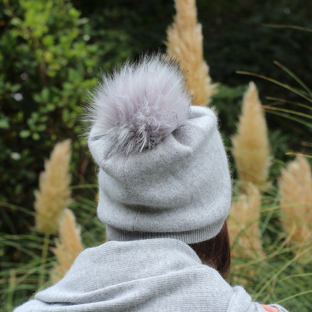 Cashmere Faux fur pom pom hat, Women winter double layer beanie, Gift for her