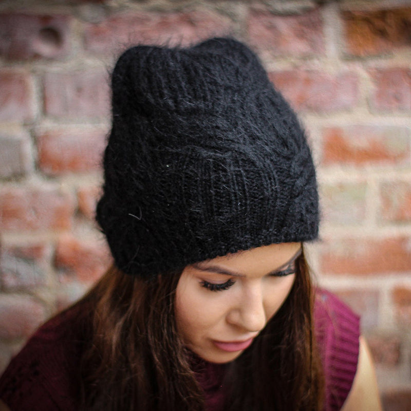 Black Women's Cashmere warm winter hat| Women's thick double layer cashmere knit beanie| Warm angora wool women winter hat| Gift for her