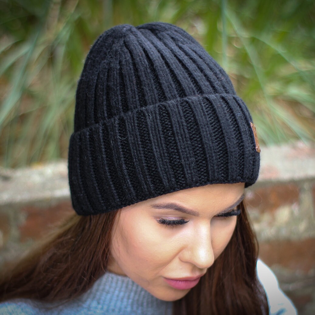 Black Smaller Size Cashmere Silk Lined Women's Hat, Winter Windproof beanie, Great for thick, Curly, Frizz-free Hair, Gift For Her