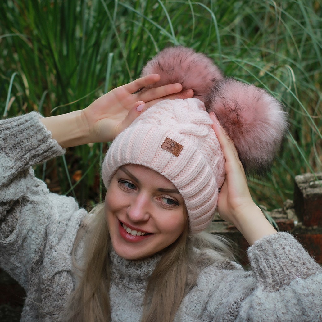 Pink Winter woolen women double pom pom hat, Fleece hat, Windproof warm girl's women's hat, Gift for her