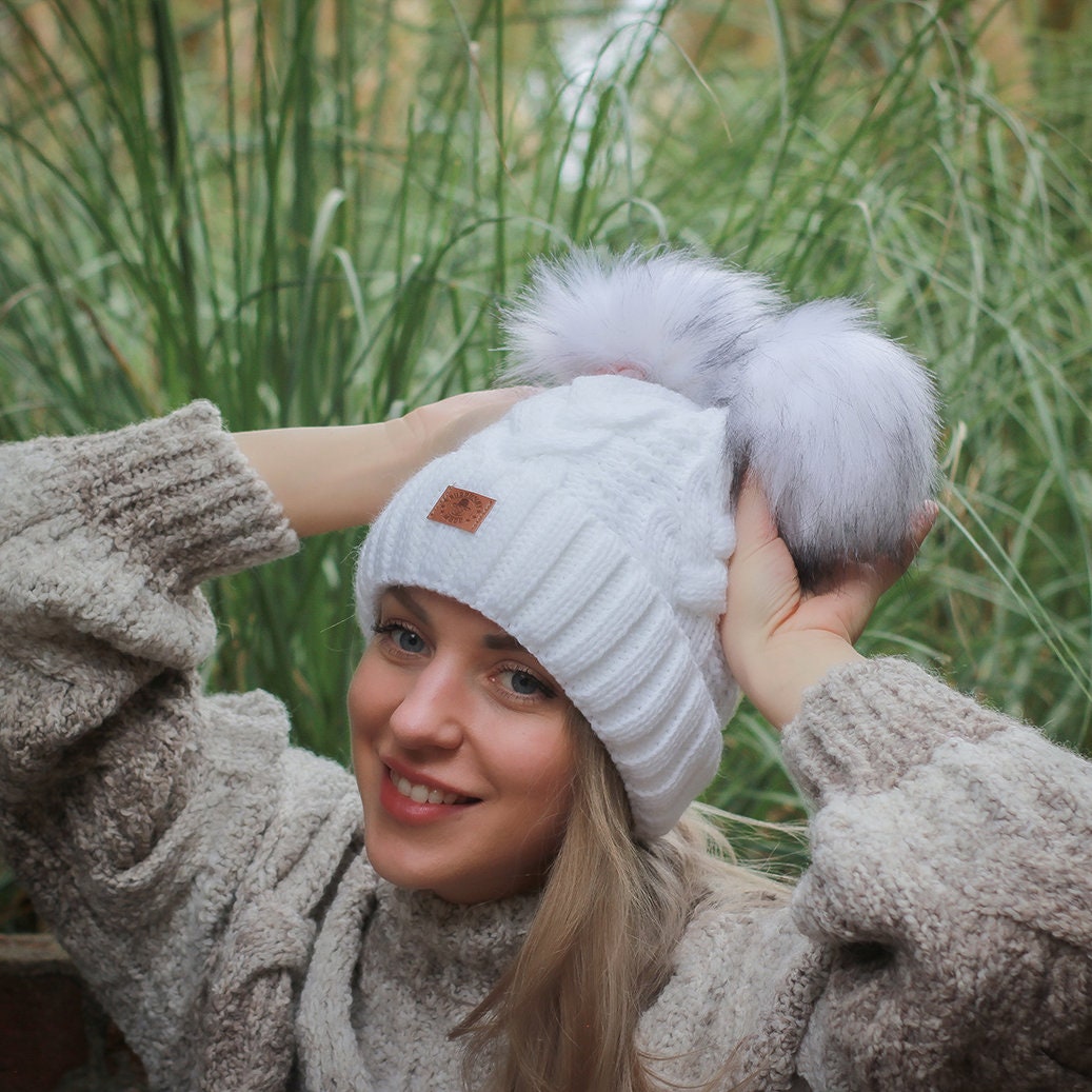 White Winter woolen women double pom pom hat, Fleece hat, Windproof warm girl's women's hat, Gift for her