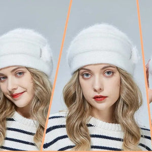 Bonnet en laine angora pour femme, Bonnet d'hiver chaud double couche, Cadeau pour maman, Cadeau pour grand-mère