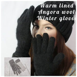 black Angora wool gloves, lined gloves, warm and thick womens winter gloves.