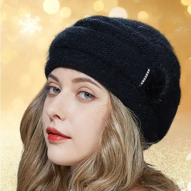 Women's angora wool hat, Double layer warm winter hat, Gift for mom, Gift for grandma