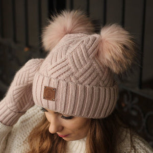 pink Cashmere double fox fur pom pom hat, Cozy and warm women's girl's bobble beanie, Gift for her