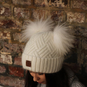 white Cashmere double fox fur pom pom hat, Cozy and warm women's girl's bobble beanie, Gift for her