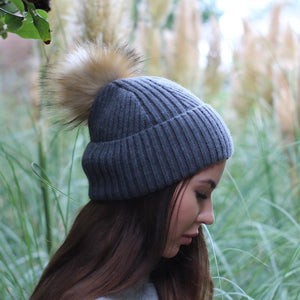 Cashmere silk lined knit beanie: Pom pom winter windproof hat, Great for thick, Curly, Frizz-free hair