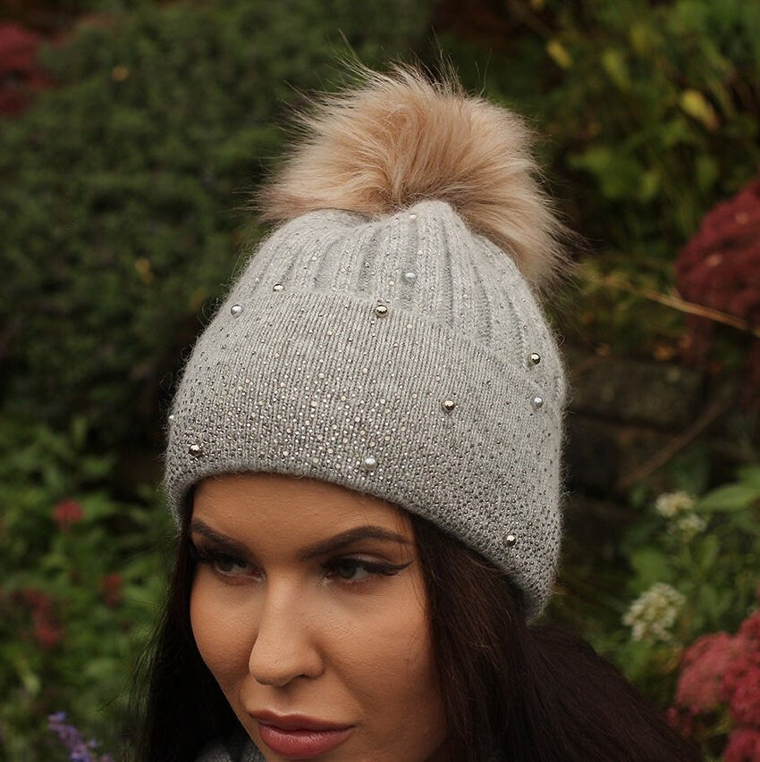 Women's  winter cashmere pom pom hat, Double layer bead embodered cashmere beanie, Gift for her