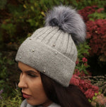 Grey Women's  winter cashmere pom pom hat, Double layer bead embodered cashmere beanie, Gift for her