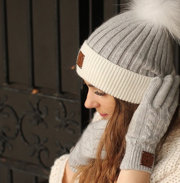 Women's cashmere pom pom  hat, Warm and soft women's cashmere winter beanie, Gift for her