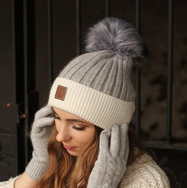 Grey Women's cashmere pom pom  hat, Warm and soft women's cashmere winter beanie, Gift for her