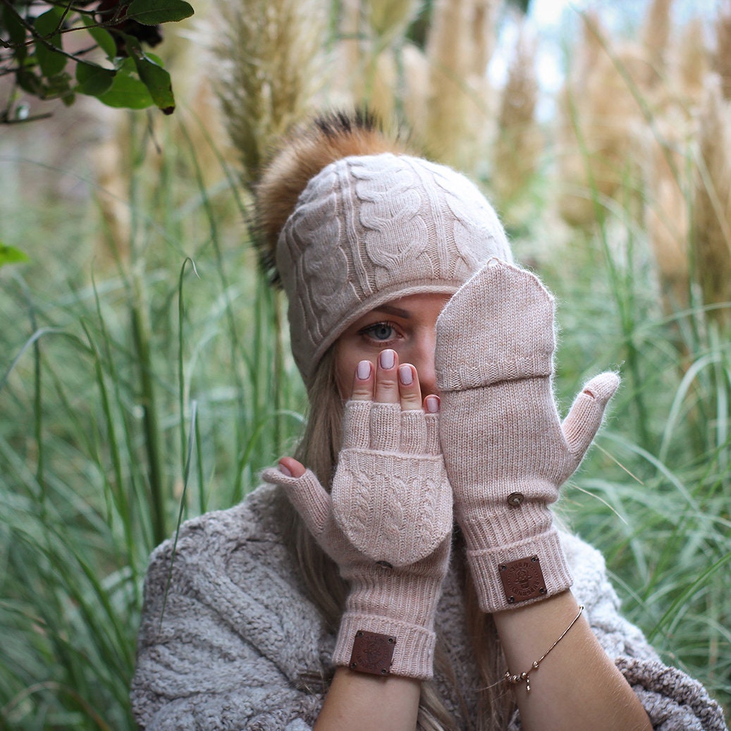 Bonnet d'hiver en cachemire pour femme avec pompon en fausse fourrure, bonnet chaud double couche en cachemire, cadeau pour elle