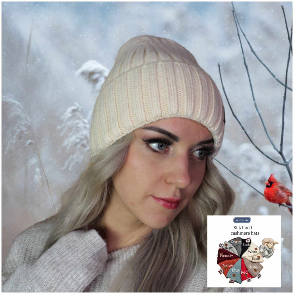 Cashmere Silk Lined Women's hat, Winter Windproof beanie, Great for thick, Curly, Frizz-free hair, Gift for her