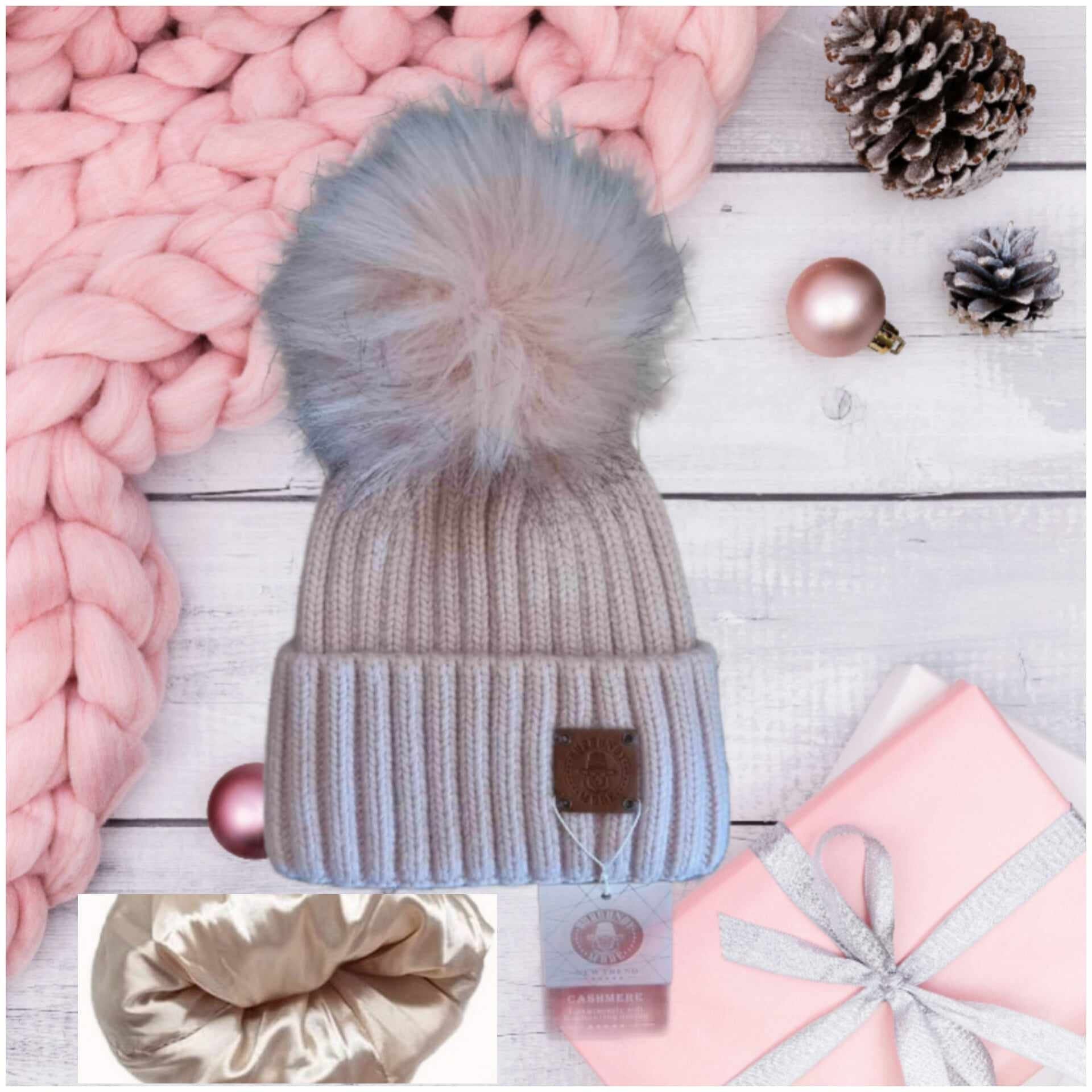  Pink Silk lined Smaller size women's cashmere hat, Women's cashmere silk lining pom pom hat, Warm and soft cashmere beanie, Gift for her