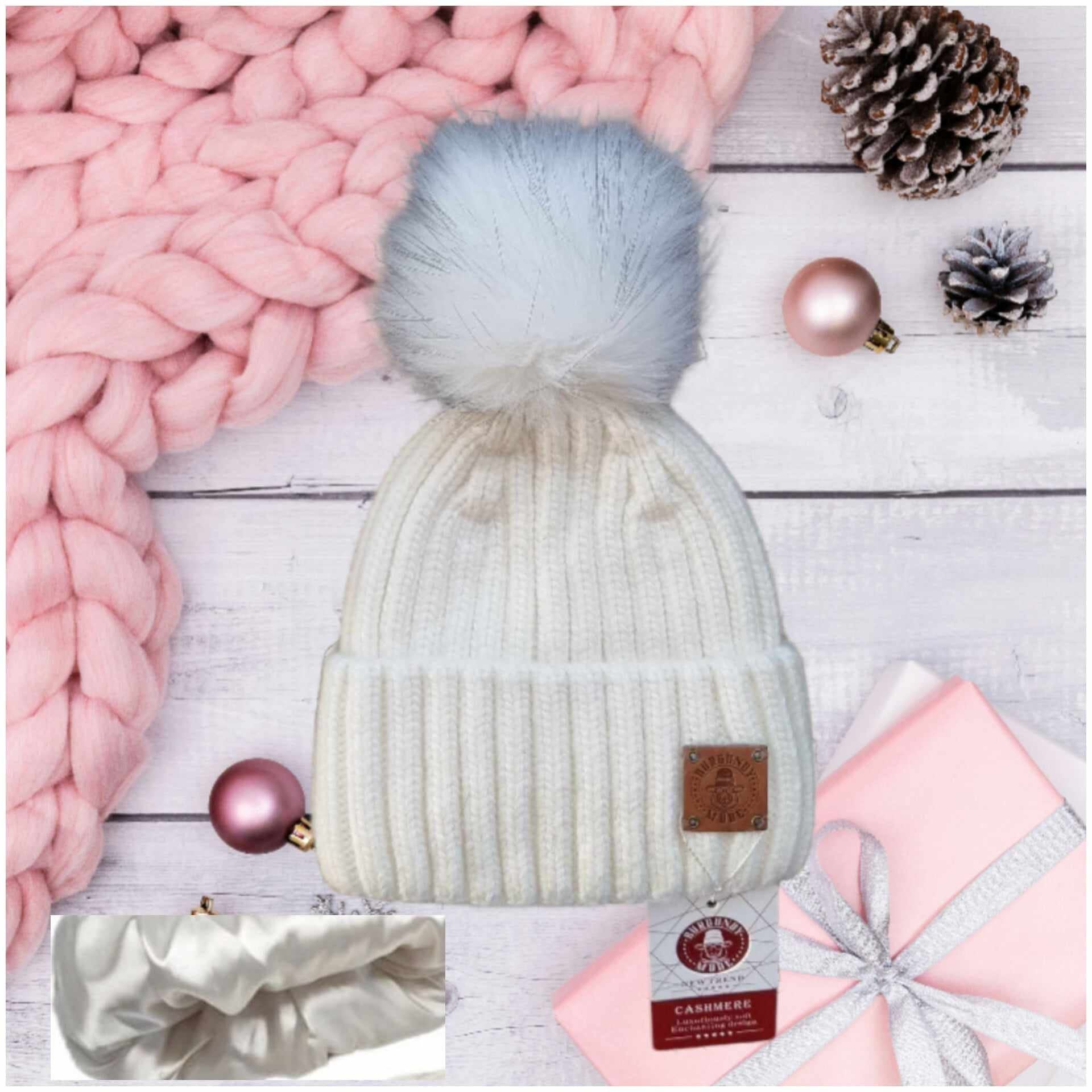 Silk lined Smaller size women's cashmere hat, Women's cashmere silk lining pom pom hat, Warm and soft cashmere beanie, Gift for her