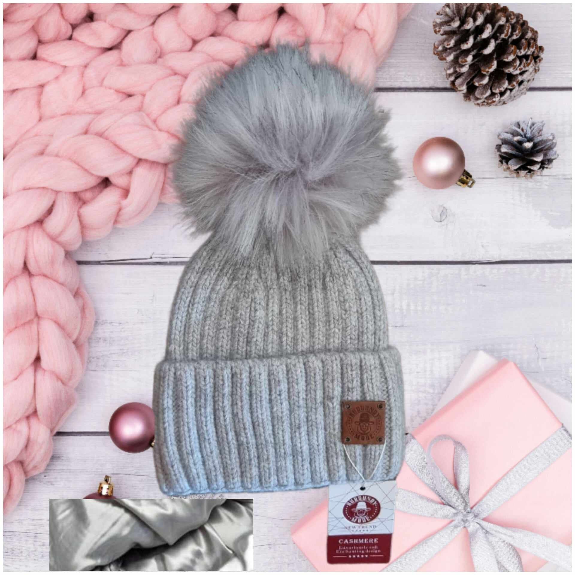 Silk lined Smaller size women's cashmere  hat, Women's cashmere silk lining pom pom hat, Warm and soft cashmere beanie, Gift for her