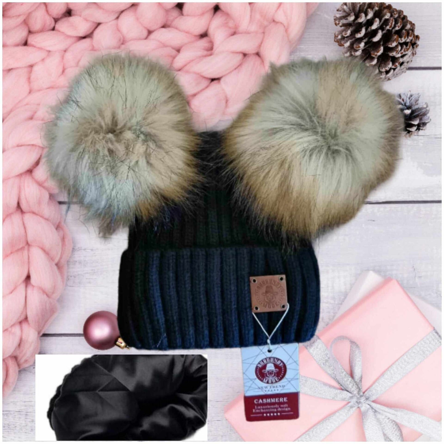 Bonnet d'hiver doublé en soie et cachemire pour tout-petits, bonnet pour enfants à double pompon, cadeau pour tout-petits, cadeau pour enfants