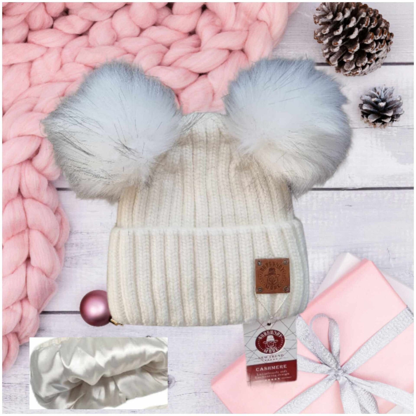 Bonnet d'hiver doublé en soie et cachemire pour tout-petits, bonnet pour enfants à double pompon, cadeau pour tout-petits, cadeau pour enfants