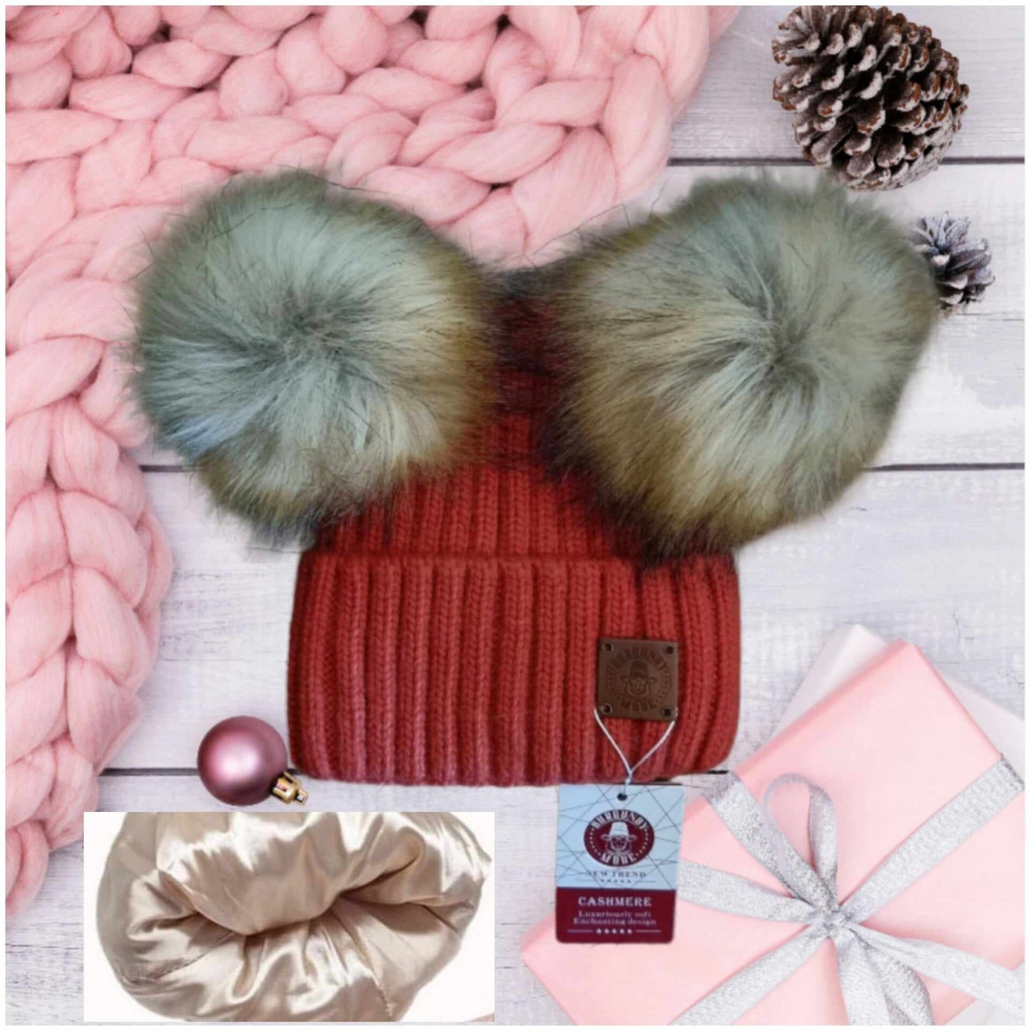 Bonnet d'hiver doublé en soie et cachemire pour tout-petits, bonnet à pompon pour enfants, cadeau pour tout-petits, cadeau pour enfants