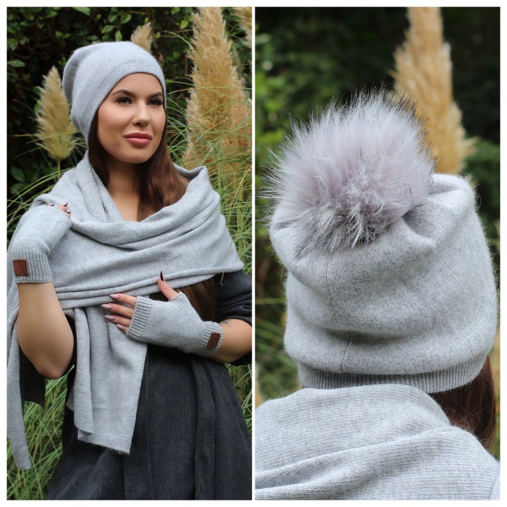 Cashmere set: Faux fur pom pom hat, gloves, scarf,  Cashmere slouchy beanie, Warm and soft women winter cashmere set. Gift for her