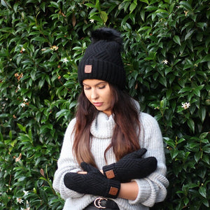 Ensemble bonnet et mitaines en cachemire pour femme, bonnet en cachemire avec pompon en fourrure de renard, ensemble en cachemire d'hiver chaud et doux pour femme. Cadeau pour elle.