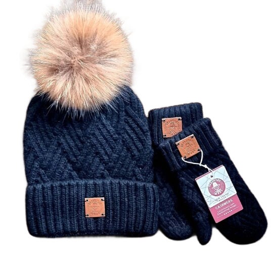 Set aus Kaschmirmütze und Fäustlingen für Damen, Kaschmirmütze mit Fuchspelzbommel, warmes und weiches Winter-Kaschmirset für Damen. Geschenk für sie.