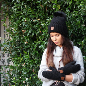 Ensemble bonnet et mitaines en cachemire pour femme, bonnet en cachemire avec pompon en fourrure de renard, ensemble en cachemire d'hiver chaud et doux pour femme. Cadeau pour elle.