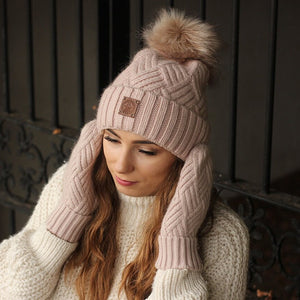 Pink Women's cashmere hat and mittens set, Faux fur pom pom cashmere hat, Warm and soft winter cashmere set for womens. Gift for her.