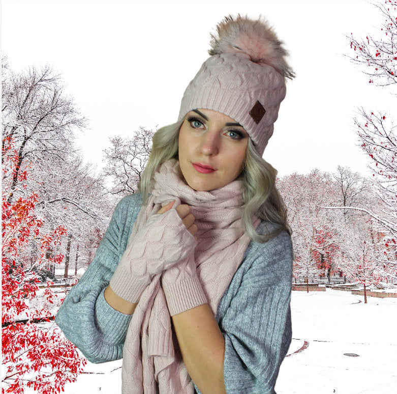 Cashmere set for women: Faux fur pom pom hat, gloves, scarf, Knit set, Cozy and soft women winter cashmere set. Gift for her.