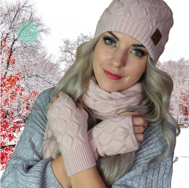 Kaschmir-Set für Damen: Mütze mit Kunstpelz-Pompon, Handschuhe, Schal, Strickset, gemütliches und weiches Winter-Kaschmir-Set für Damen. Geschenk für sie.