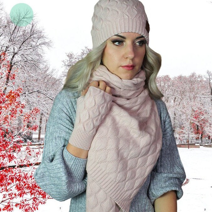 Kaschmir-Set für Damen: Mütze mit Fuchspelz-Pompon, Handschuhe, Schal, Strickset, gemütliches und weiches Winter-Kaschmir-Set für Damen. Geschenk für sie.