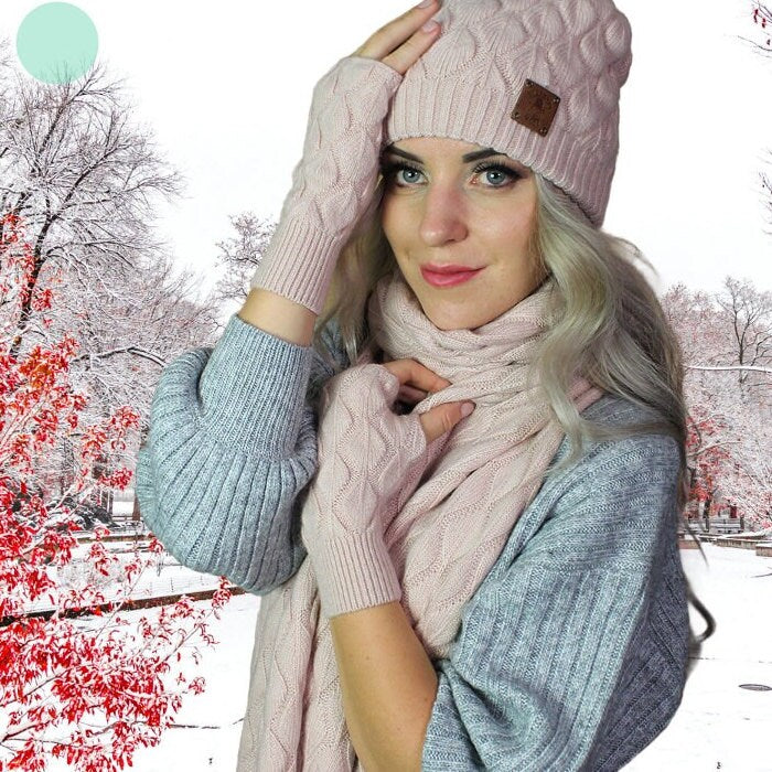 Kaschmir-Set für Damen: Mütze mit Fuchspelz-Pompon, Handschuhe, Schal, Strickset, gemütliches und weiches Winter-Kaschmir-Set für Damen. Geschenk für sie.