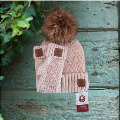 Cashmere hat and fingerless gloves set, Fox fur pom pom cashmere beanie hat, Warm and soft winter cashmere set for womens.   Gift for her