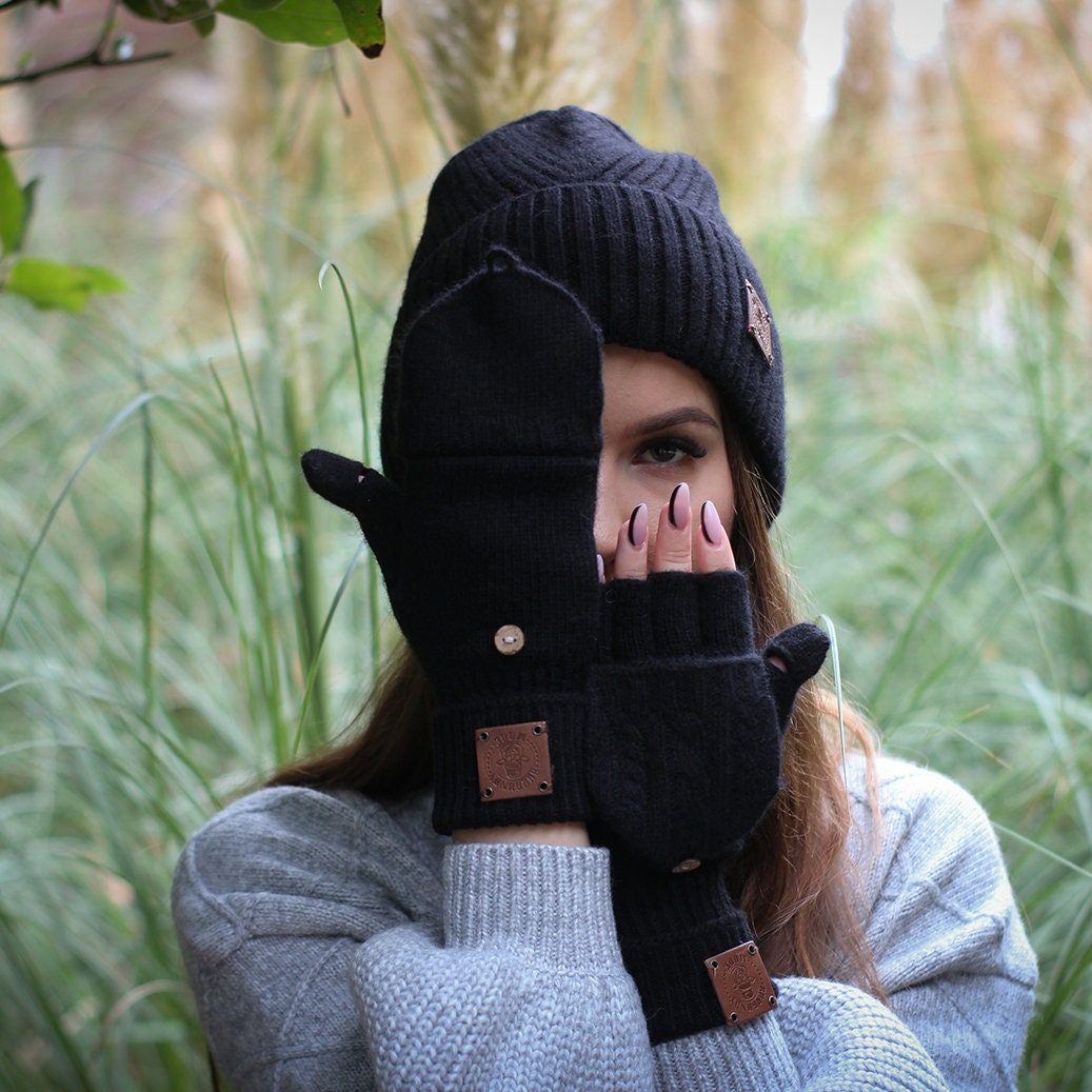 Gants sans doigts en cachemire, Gants mitaines à clapet, Mitaines convertibles, Cadeau pour elle