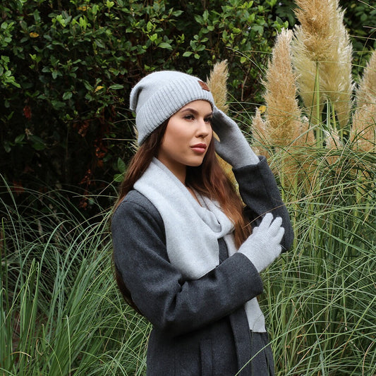 Grey Women Cashmere Set: Hat, Gloves, Scarf, Cashmere beanie, Warm and soft women winter cashmere set, Gift for her