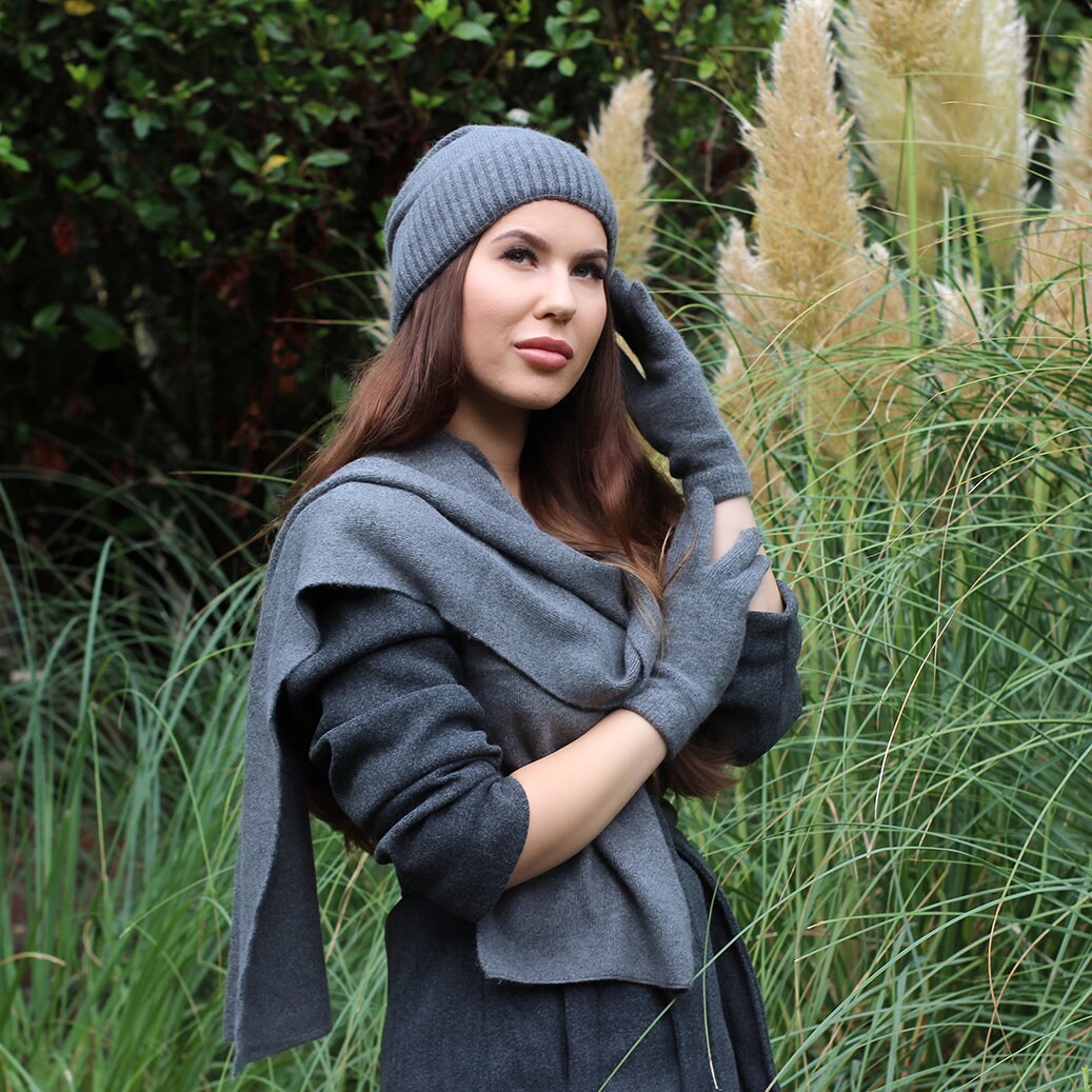 Women Cashmere Set: Hat, Gloves, Scarf, Cashmere beanie, Warm and soft women winter cashmere set, Gift for her