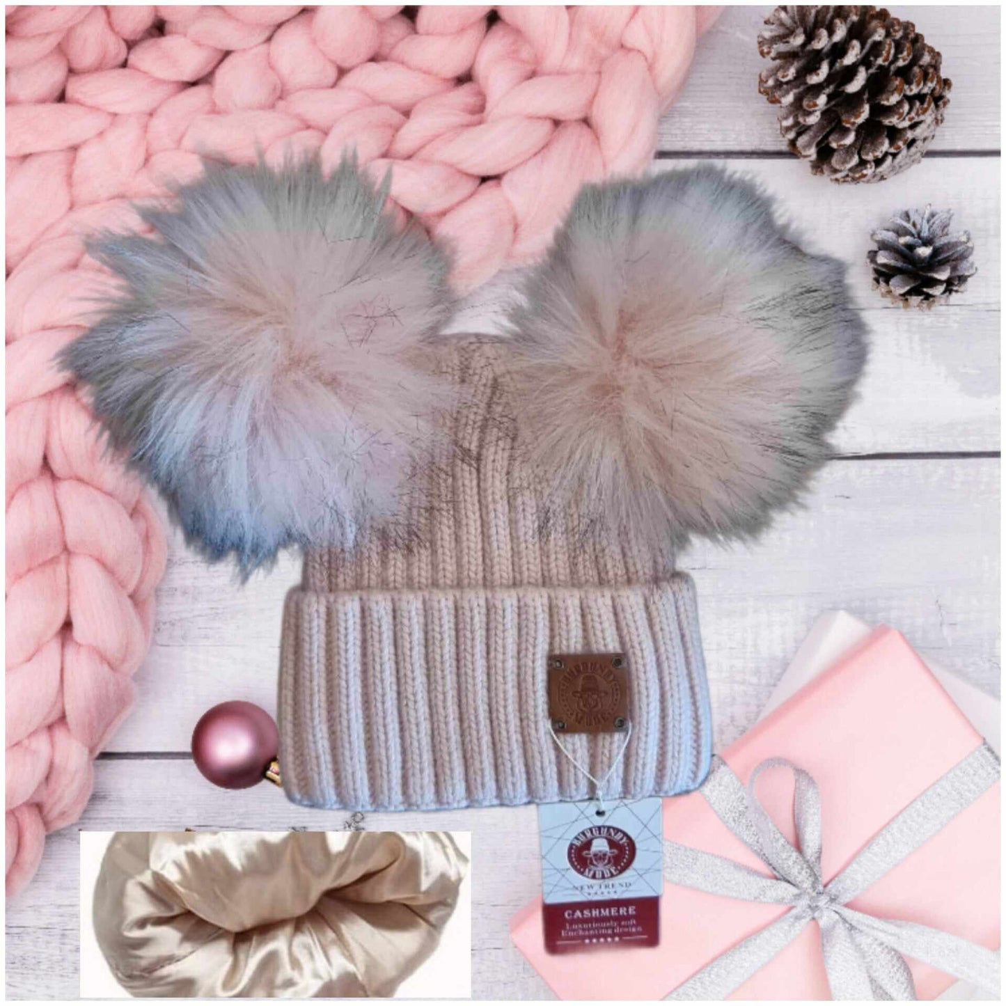 Bonnet d'hiver doublé en soie et cachemire pour tout-petits, bonnet pour enfants à double pompon, cadeau pour tout-petits, cadeau pour enfants