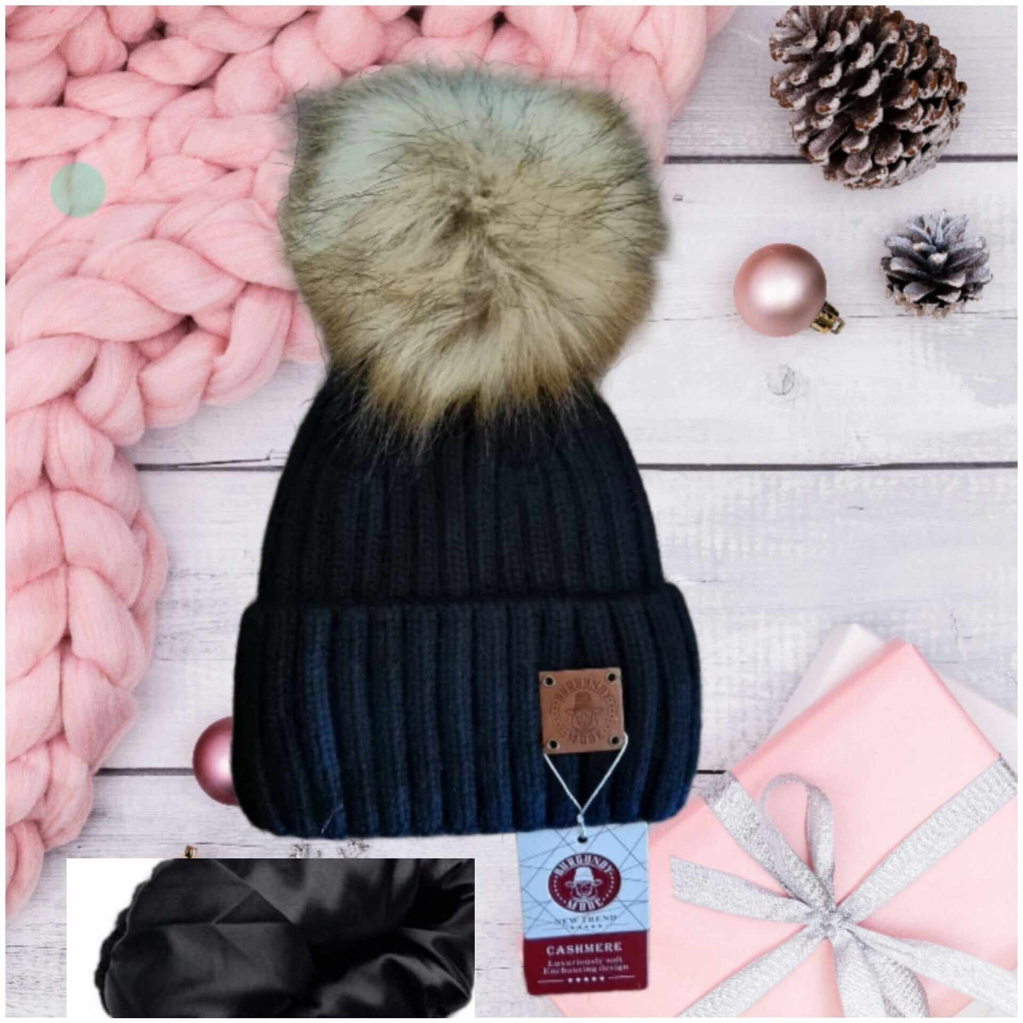 Bonnet d'hiver doublé en soie et cachemire pour tout-petits, bonnet pour enfants à double pompon, cadeau pour tout-petits, cadeau pour enfants
