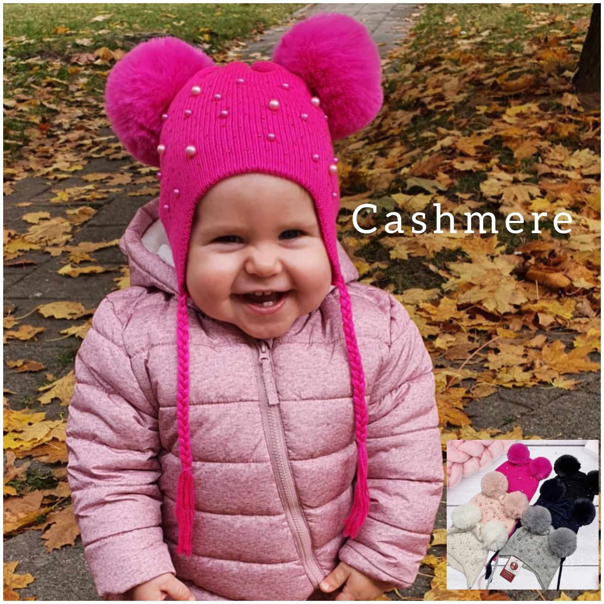 Toddler's cashmere hat,  Beads embroydered double pom pom kid's hat,  Gift for kid's