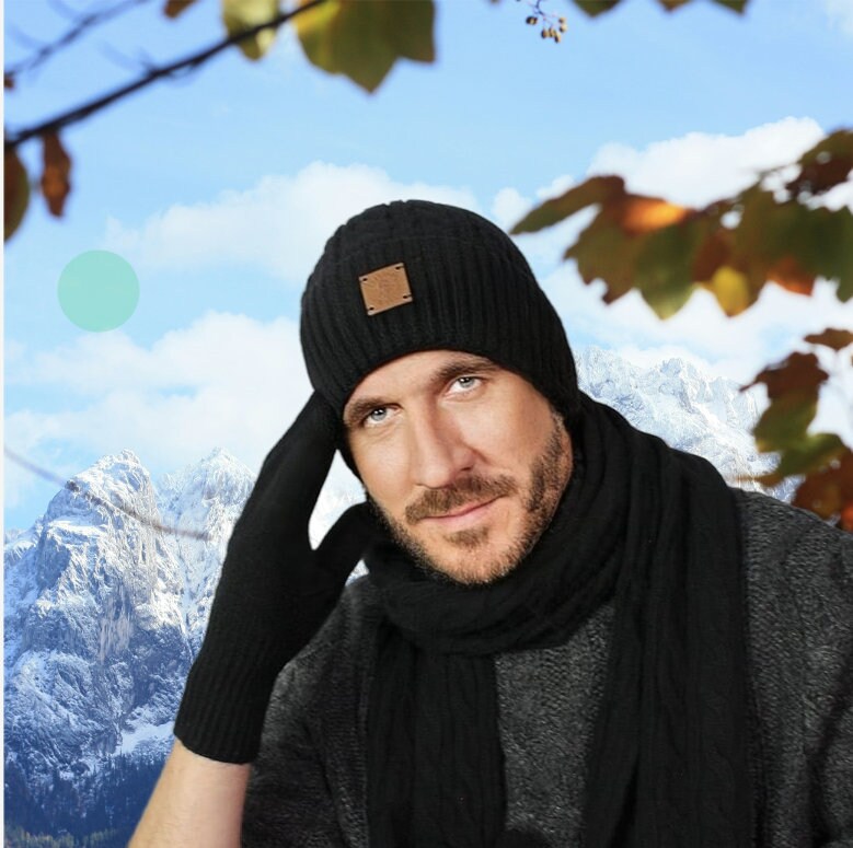 Ensemble cachemire pour homme : bonnet, gants, écharpe, Ensemble tricot, Ensemble cachemire homme hiver douillet et doux. Cadeau pour lui.