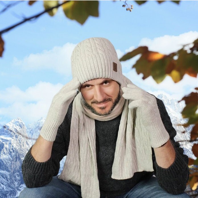 Ensemble cachemire pour homme : bonnet, gants, écharpe, Ensemble tricot, Ensemble cachemire homme hiver douillet et doux. Cadeau pour lui.