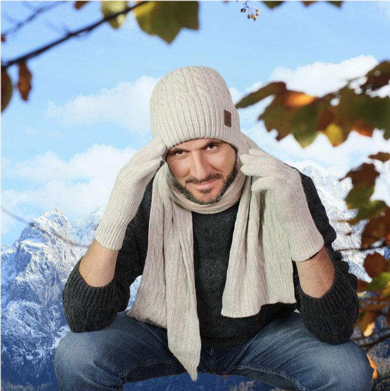 Ensemble cachemire pour homme : bonnet, gants, écharpe, Ensemble tricot, Ensemble cachemire homme hiver douillet et doux. Cadeau pour lui.