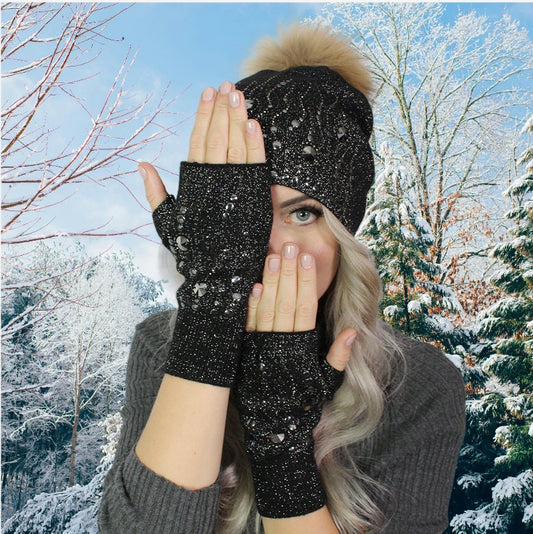 Ensemble brodé en cachemire pour femme : Bonnet à pompon en fausse fourrure brodé et gants sans doigts, Cadeau pour elle