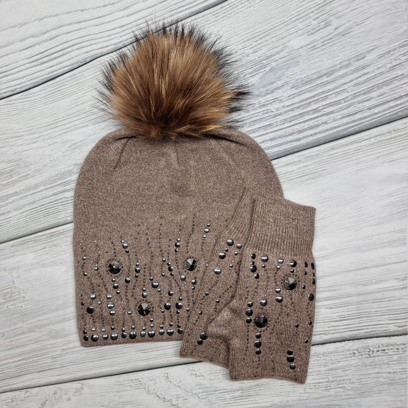 Ensemble brodé en cachemire pour femme : Bonnet à pompon en fourrure de renard brodé et gants sans doigts, Cadeau pour elle