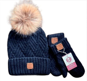 Women's cashmere hat and mittens set, Fox fur pom pom cashmere hat,Warm and soft winter cashmere set for womens. Gift for her.