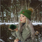 Green Warm Cashmere Women's Beanie with Faux Fur Pom Pom – Soft Winter Hat, Perfect Gift for Her