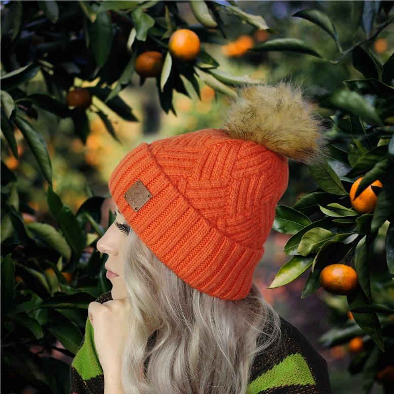 Orange Warm Cashmere Women's Beanie with Faux Fur Pom Pom – Soft Winter Hat, Perfect Gift for Her