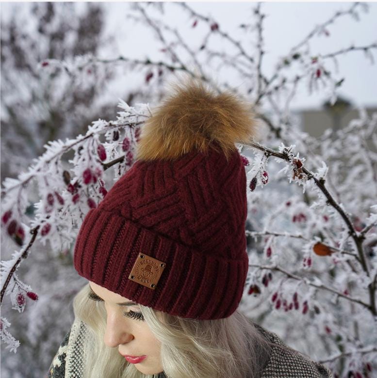 Bonnet chaud en cachemire pour femme avec pompon en fourrure de renard – Bonnet d'hiver doux, cadeau idéal pour elle